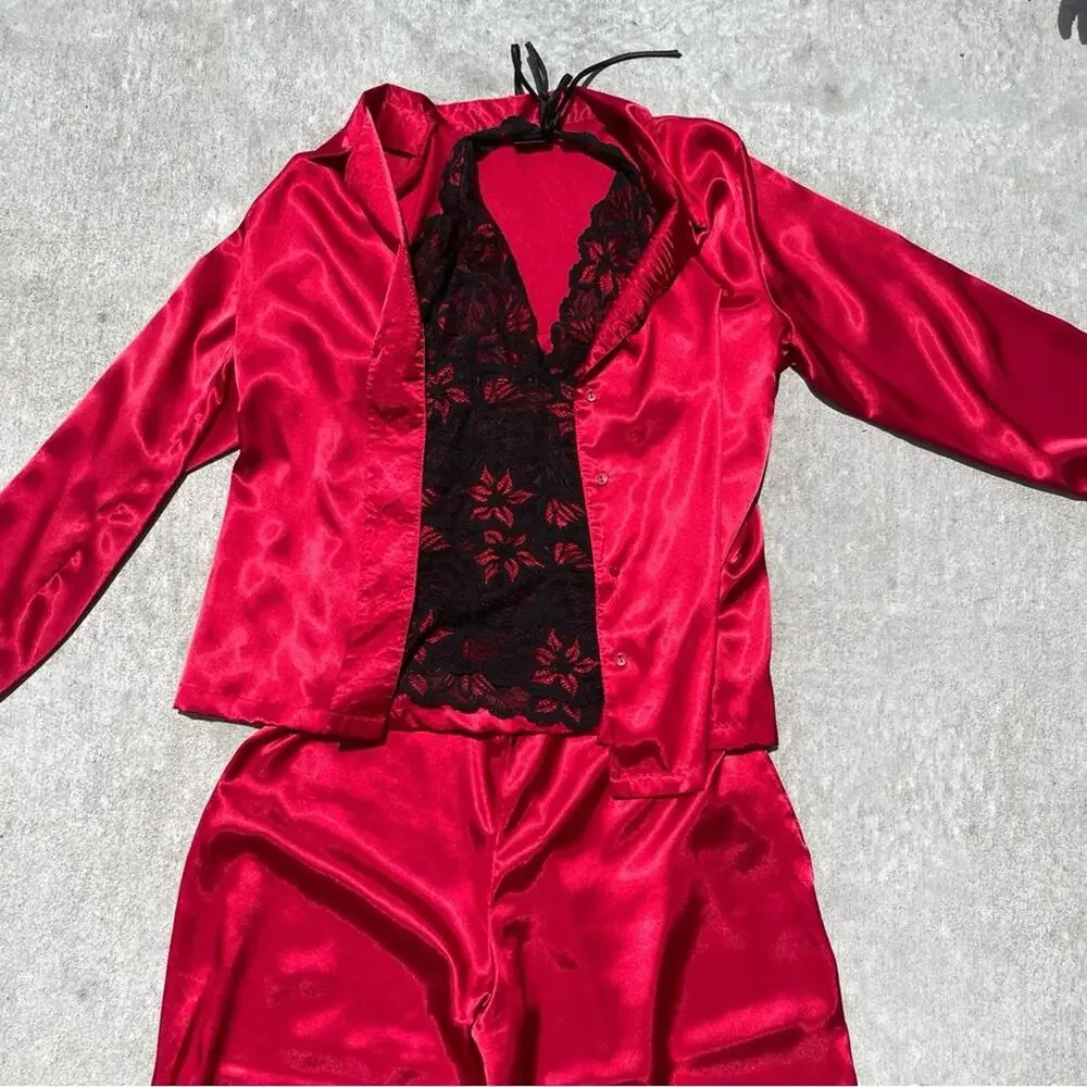 Vintage Fredericks Of Hollywood Satin Pajama‎ Set Red Black Lace 3 Pc Sleepwear